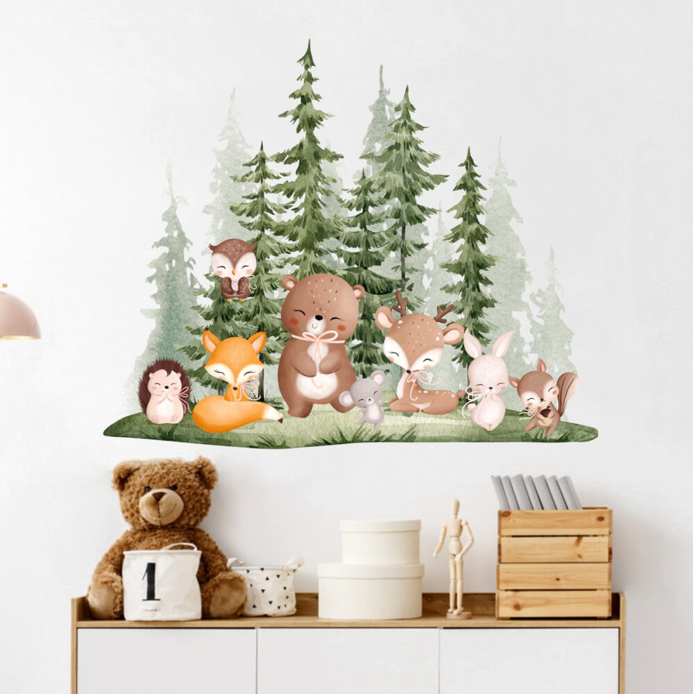 Sticker mural pour chambre d'enfant - Animaux de la forêt avec arbres