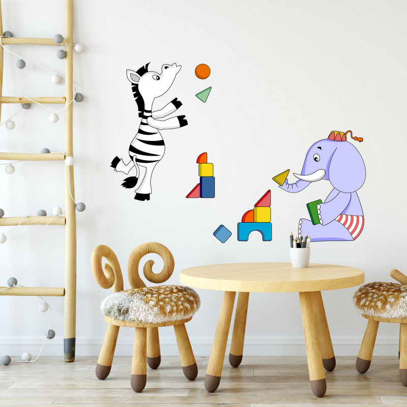 Sticker mural - Éléphant et zèbre