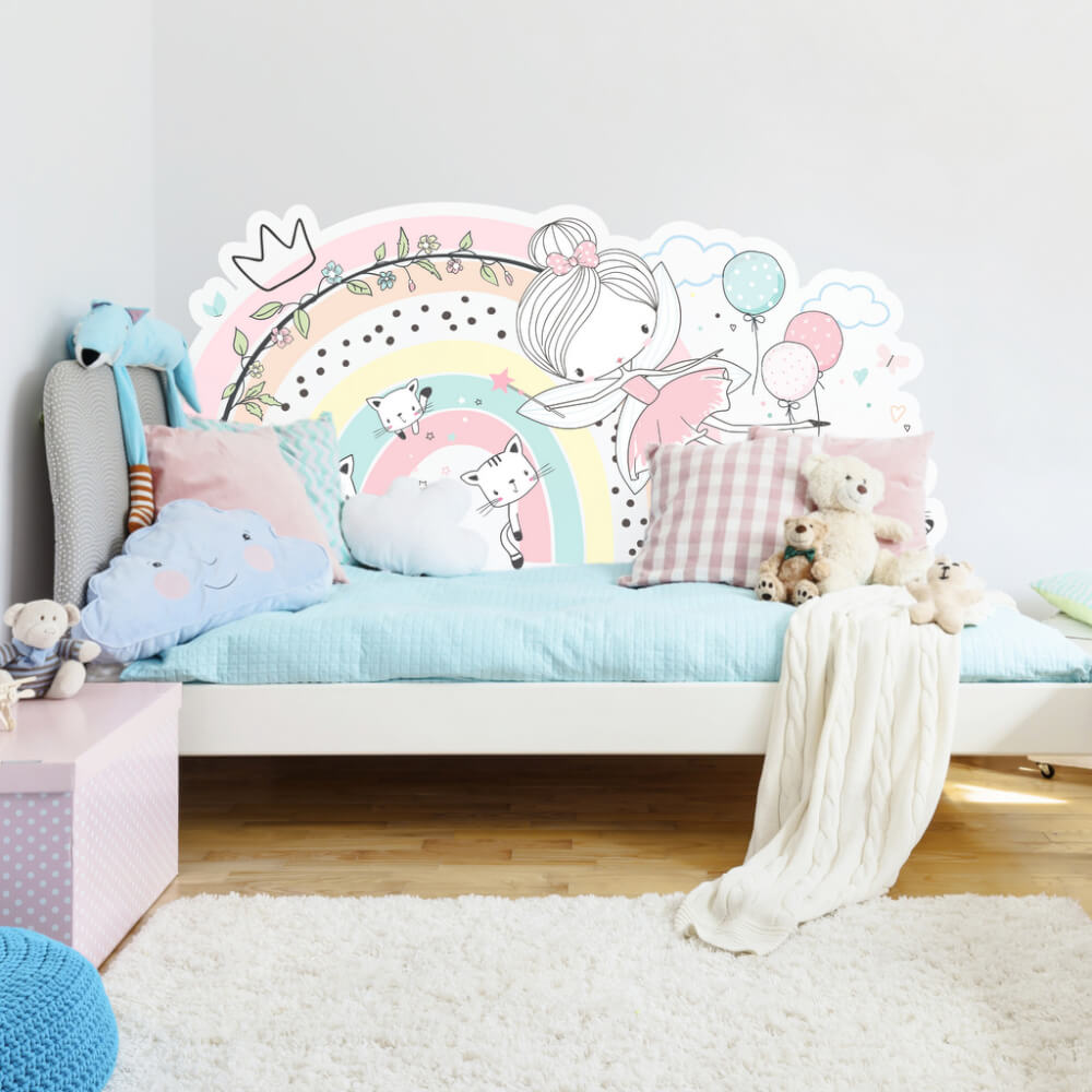 Sticker mural à coller à côté du lit - Fée avec arc-en-ciel