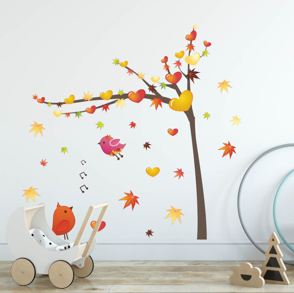 Sticker mural - Arbre d'automne avec oiseaux