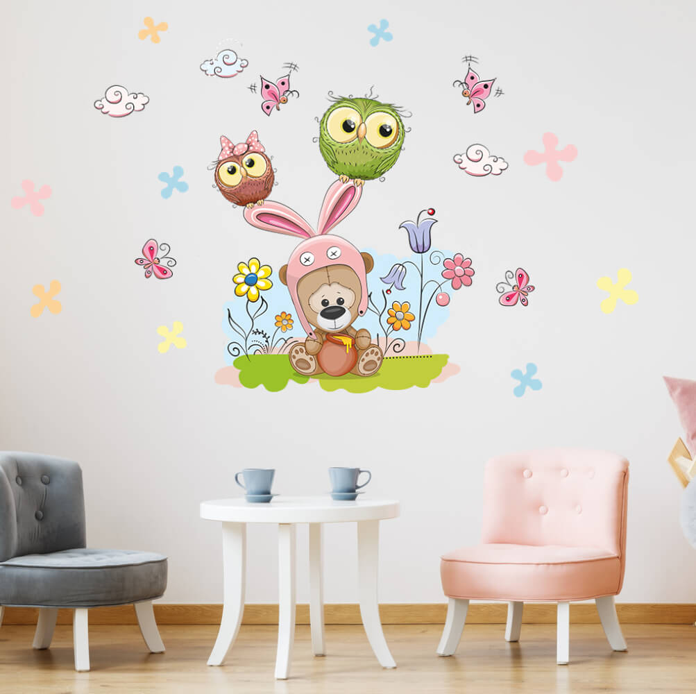 Sticker mural - Ourson et hiboux