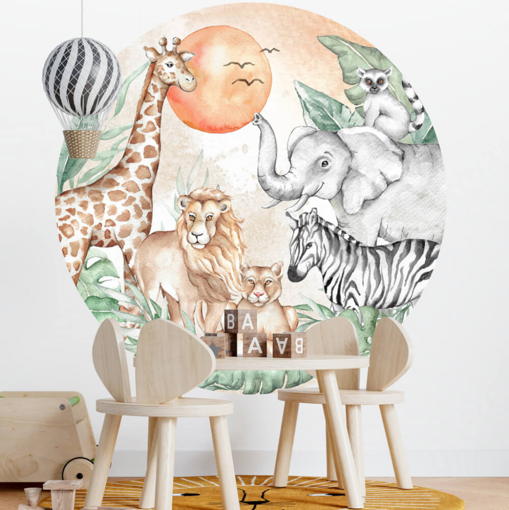 Sticker mural textile - Amis des animaux dans la jungle Rond