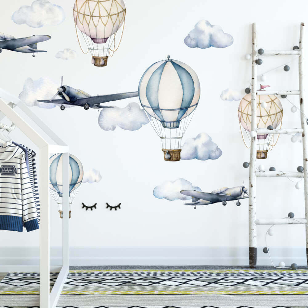 Stickers muraux - Aquarelle motif avions et montgolfières 