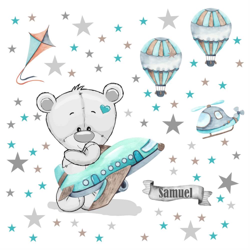 Stickers muraux pour garçons - Ourson avec un avion et des ballons