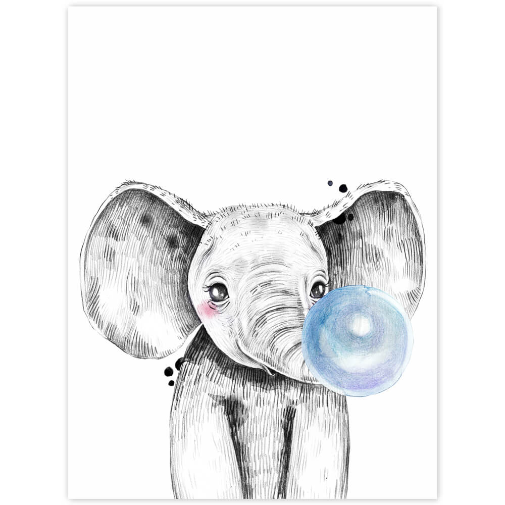 Tableau mural - Éléphant avec chewing gum bleu